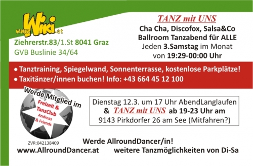 Pirkdorfer See am Dienstag 12.3. um 19:00 TANZ mit UNS und Abendlanglauf ab 17:00 ! Wiki tanzen am Sa 16.3.